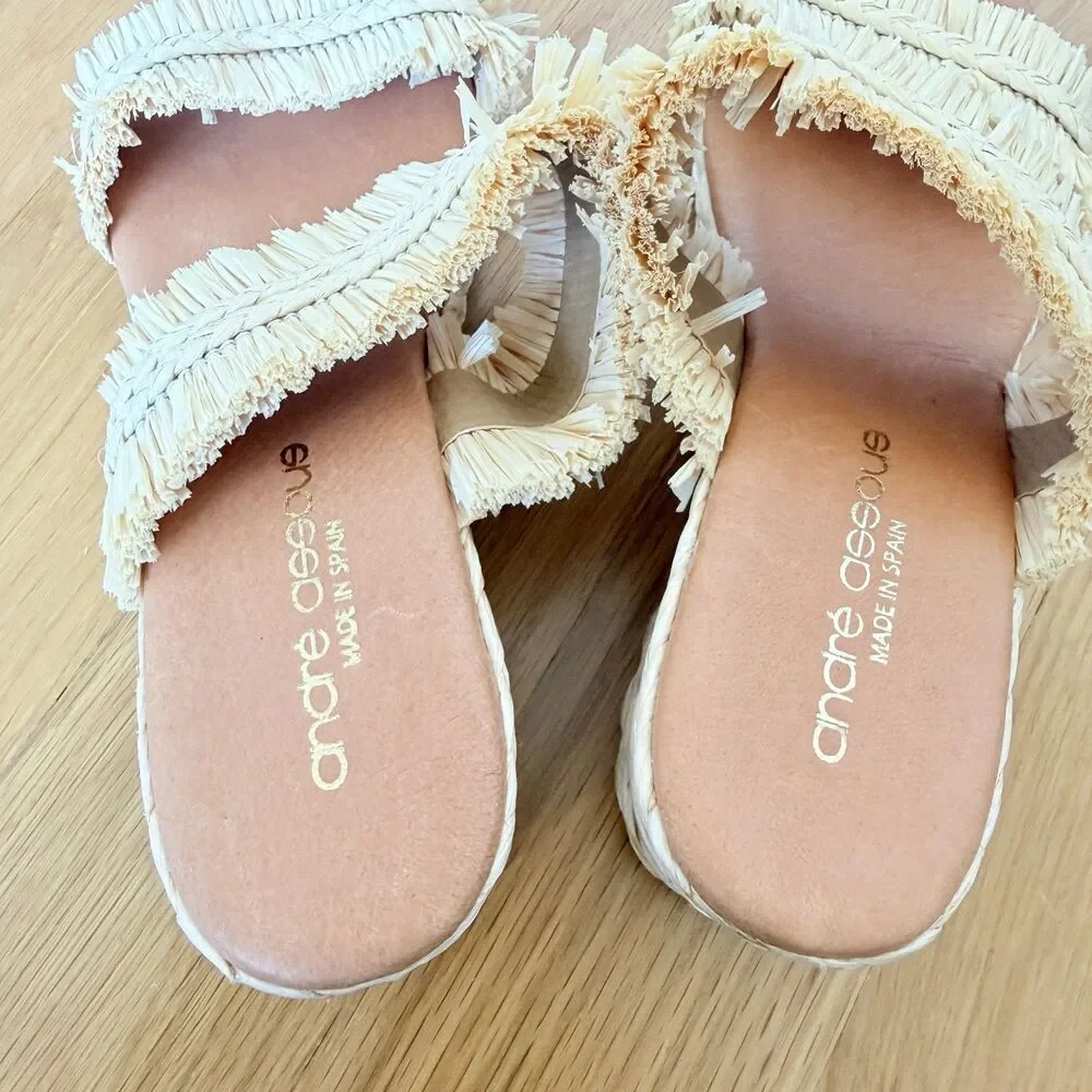 Andre Assous Nori Fringe Espadrille Wedge Sandals – Beige – Size 38 / 8 New